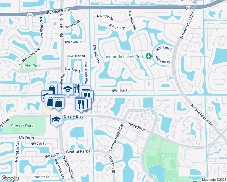 map of restaurants, bars, coffee shops, grocery stores, and more near 9760 Northwest 10th Street in Plantation