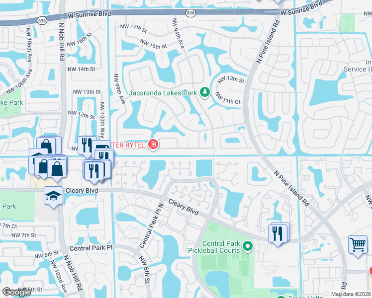 map of restaurants, bars, coffee shops, grocery stores, and more near 9580 Northwest 10th Street in Plantation