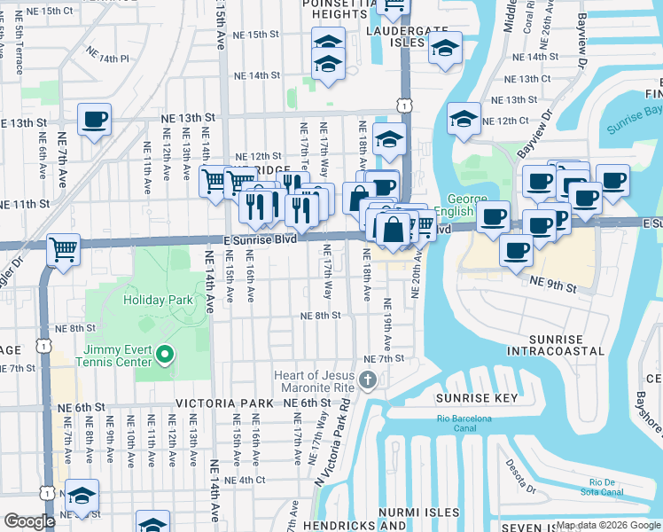 map of restaurants, bars, coffee shops, grocery stores, and more near 911 Northeast 17th Way in Fort Lauderdale