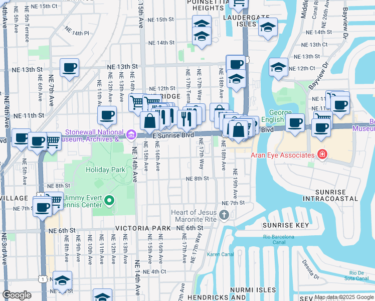 map of restaurants, bars, coffee shops, grocery stores, and more near 908 Northeast 17th Avenue in Fort Lauderdale