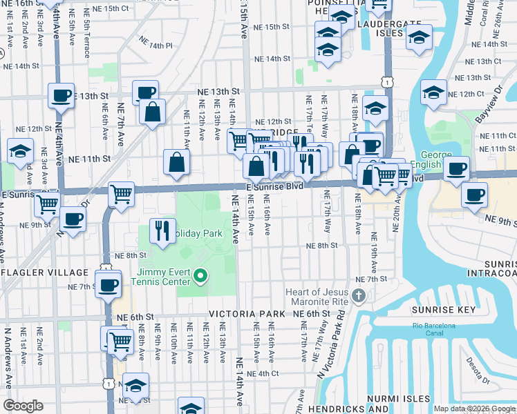 map of restaurants, bars, coffee shops, grocery stores, and more near 912-918 Northeast 15th Avenue in Fort Lauderdale