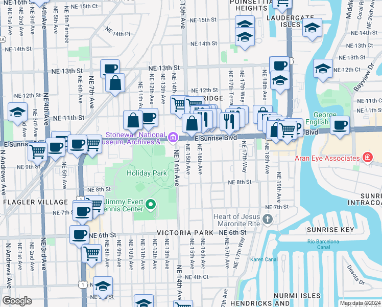 map of restaurants, bars, coffee shops, grocery stores, and more near 912-918 Northeast 15th Avenue in Fort Lauderdale