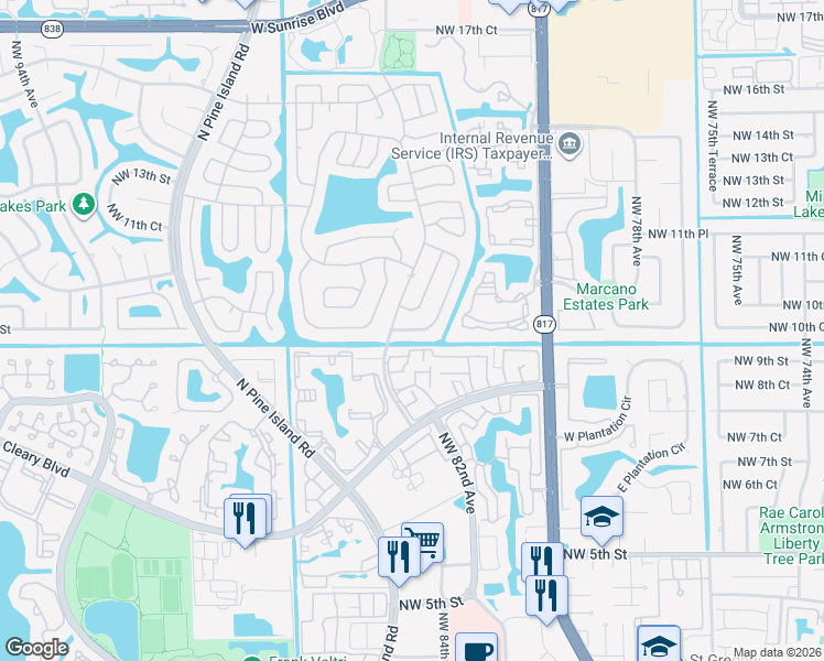 map of restaurants, bars, coffee shops, grocery stores, and more near 8432 Northwest 10th Street in Plantation
