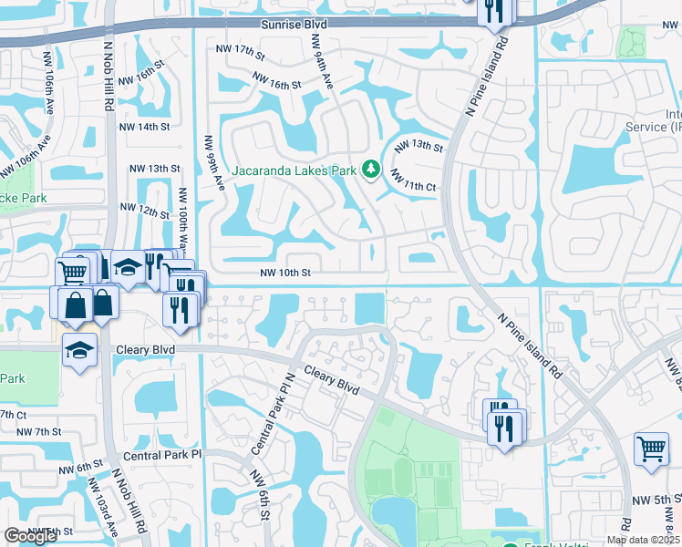 map of restaurants, bars, coffee shops, grocery stores, and more near 9580 Northwest 10th Street in Plantation
