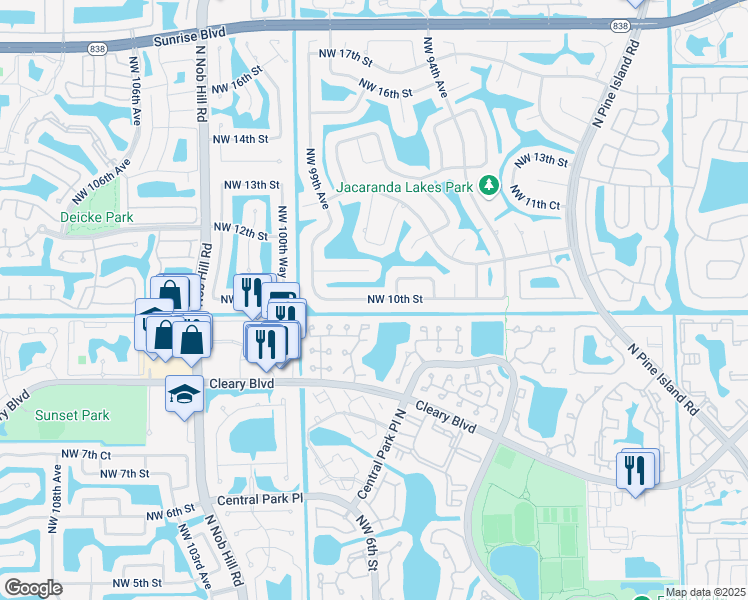 map of restaurants, bars, coffee shops, grocery stores, and more near 9760 Northwest 10th Street in Plantation