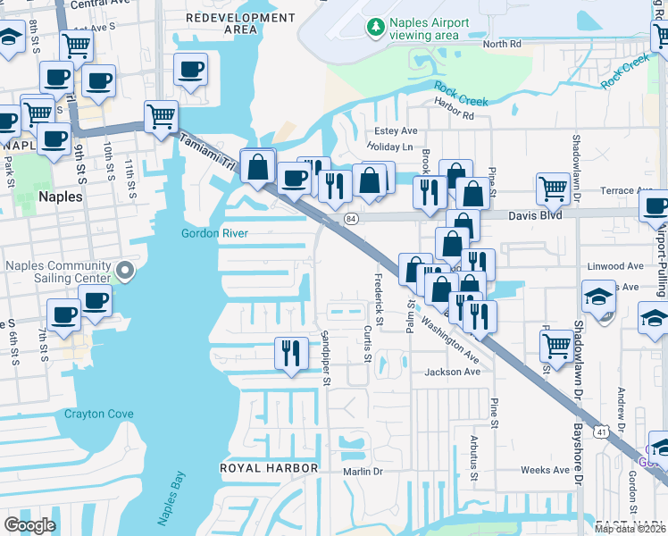 map of restaurants, bars, coffee shops, grocery stores, and more near 965 Sandpiper Street in Naples