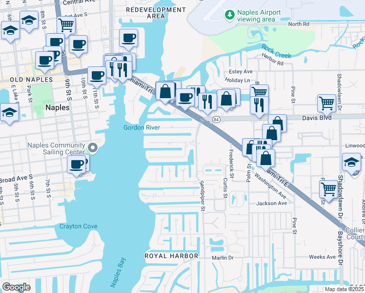 map of restaurants, bars, coffee shops, grocery stores, and more near 1585 Pelican Avenue in Naples