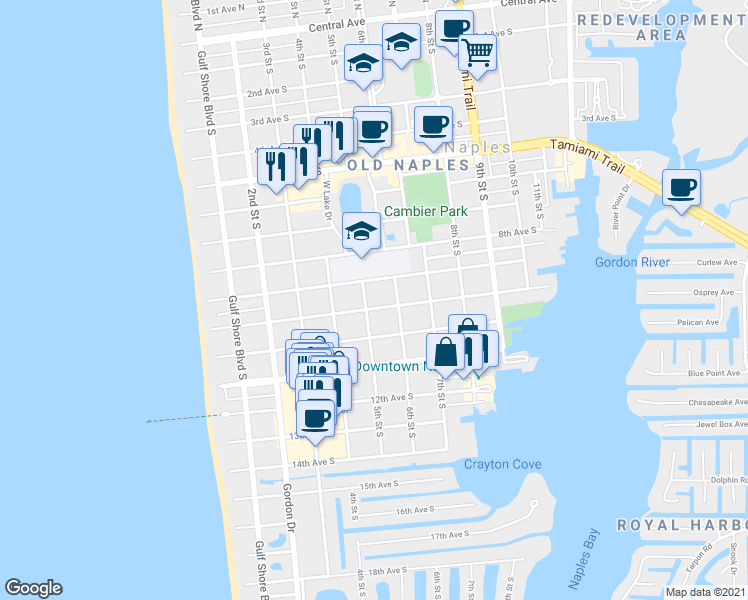 map of restaurants, bars, coffee shops, grocery stores, and more near 525 10th Avenue South in Naples