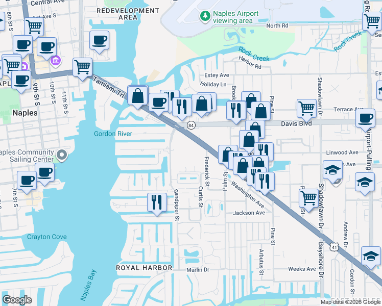 map of restaurants, bars, coffee shops, grocery stores, and more near 965 Sandpiper Street in Naples