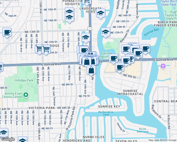 map of restaurants, bars, coffee shops, grocery stores, and more near 126 Northeast 19th Avenue in Fort Lauderdale