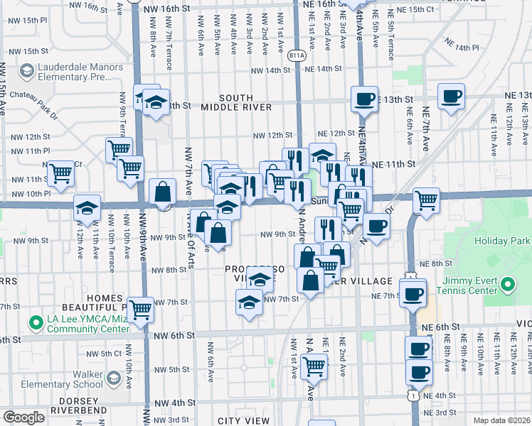 map of restaurants, bars, coffee shops, grocery stores, and more near 925 Northwest 2nd Avenue in Fort Lauderdale