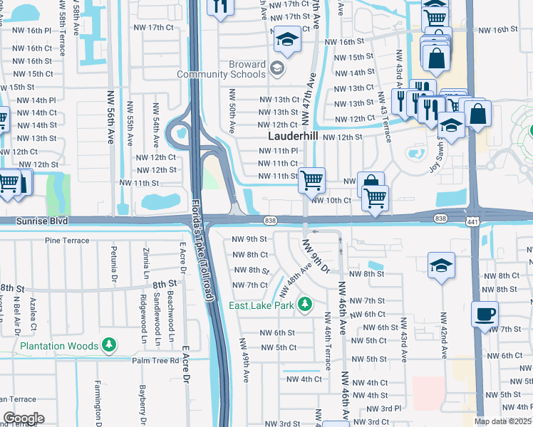 map of restaurants, bars, coffee shops, grocery stores, and more near 104 Northwest 49th Avenue in Plantation