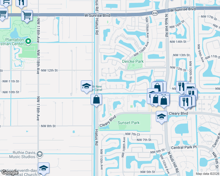map of restaurants, bars, coffee shops, grocery stores, and more near 10740 Northwest 10th Street in Plantation