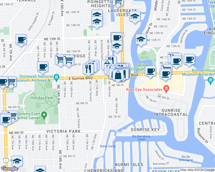 map of restaurants, bars, coffee shops, grocery stores, and more near 211 Northeast 9th Street in Fort Lauderdale