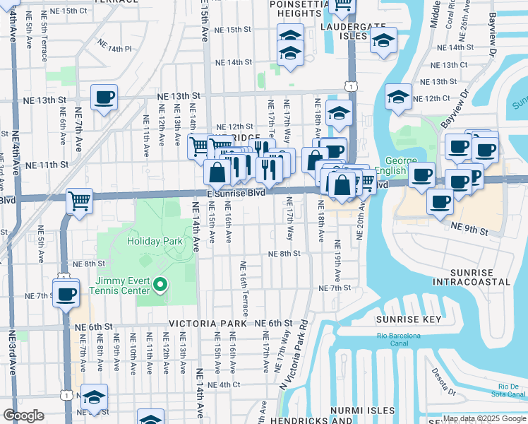 map of restaurants, bars, coffee shops, grocery stores, and more near 908 Northeast 17th Avenue in Fort Lauderdale