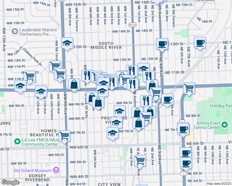 map of restaurants, bars, coffee shops, grocery stores, and more near 925 Northwest 2nd Avenue in Fort Lauderdale