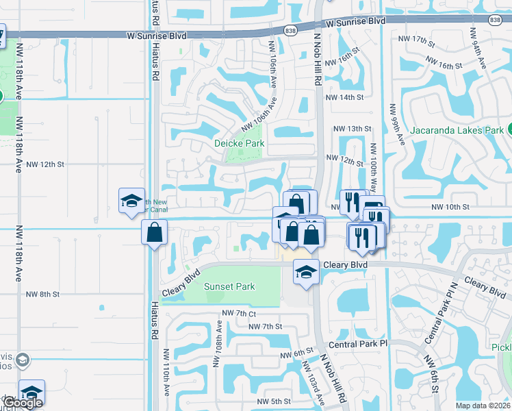 map of restaurants, bars, coffee shops, grocery stores, and more near 10536 Northwest 10th Street in Plantation