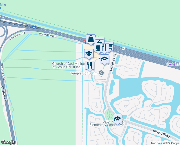 map of restaurants, bars, coffee shops, grocery stores, and more near 2566 Cordoba Bend in Weston