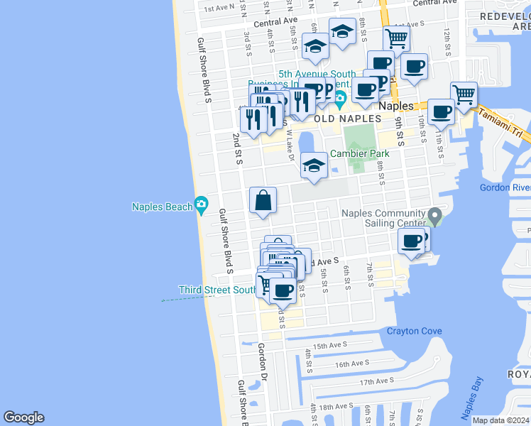 map of restaurants, bars, coffee shops, grocery stores, and more near 970 3rd Street South in Naples
