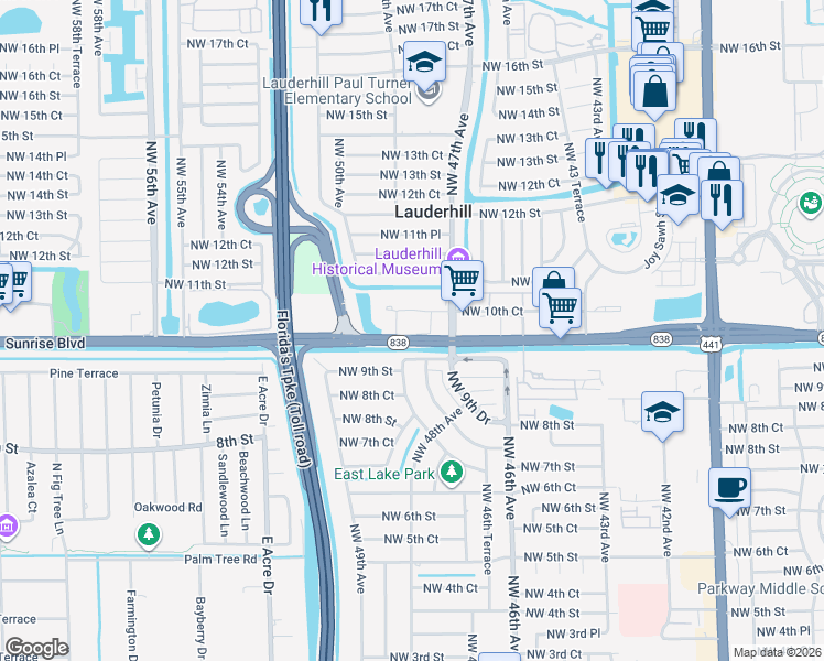 map of restaurants, bars, coffee shops, grocery stores, and more near 12 Northwest 10th Court in Plantation