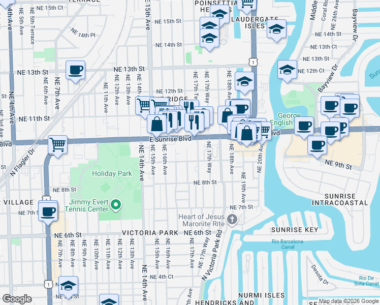 map of restaurants, bars, coffee shops, grocery stores, and more near 908 Northeast 17th Avenue in Fort Lauderdale