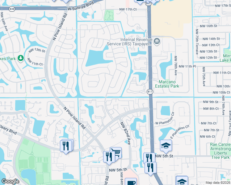 map of restaurants, bars, coffee shops, grocery stores, and more near 1032 Northwest 83rd Avenue in Plantation