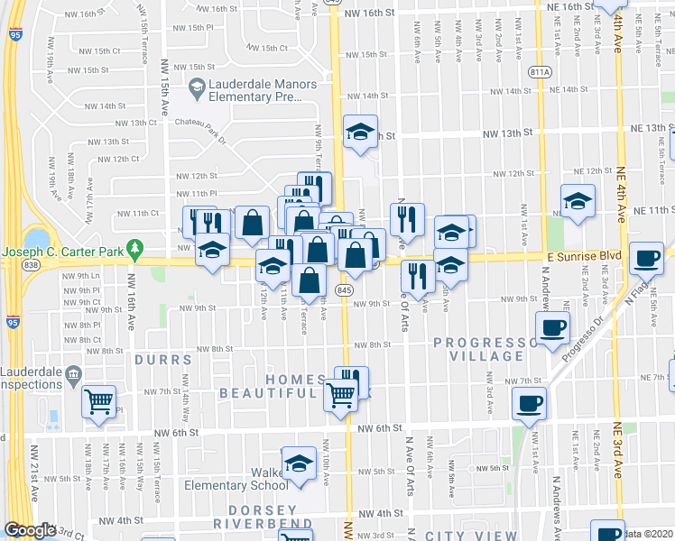 map of restaurants, bars, coffee shops, grocery stores, and more near 949 Northwest 9th Avenue in Fort Lauderdale