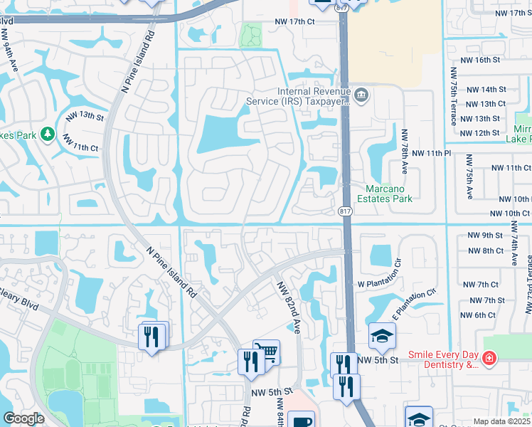 map of restaurants, bars, coffee shops, grocery stores, and more near 8432 Northwest 10th Street in Plantation