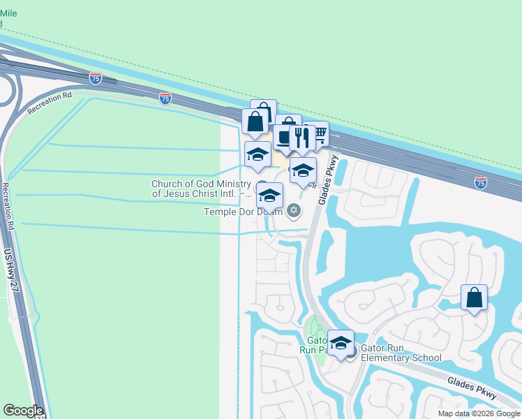 map of restaurants, bars, coffee shops, grocery stores, and more near 2566 Cordoba Bend in Weston