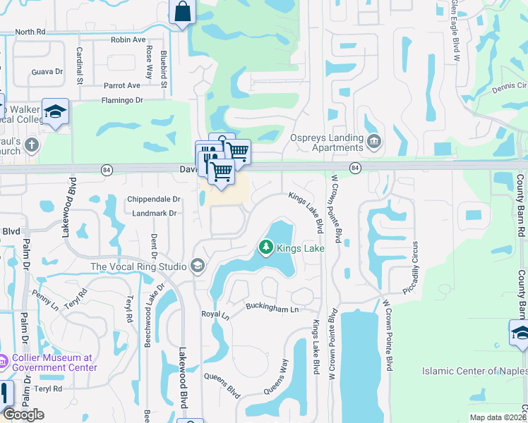 map of restaurants, bars, coffee shops, grocery stores, and more near 1708 Kings Lake Boulevard in Naples