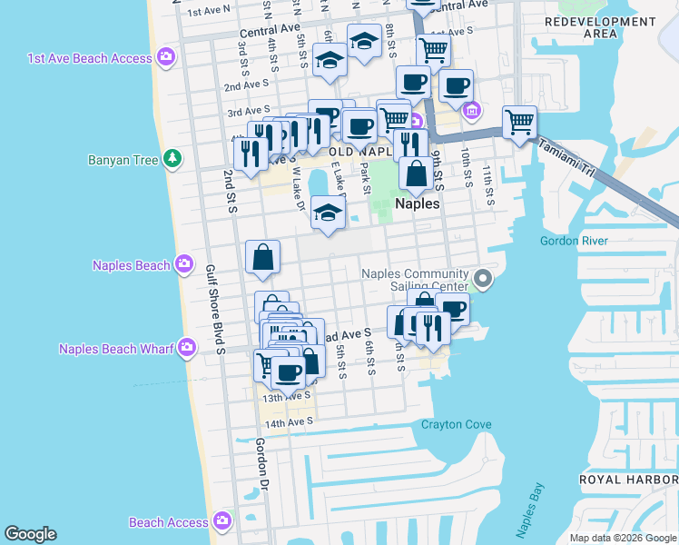 map of restaurants, bars, coffee shops, grocery stores, and more near 525 10th Avenue South in Naples