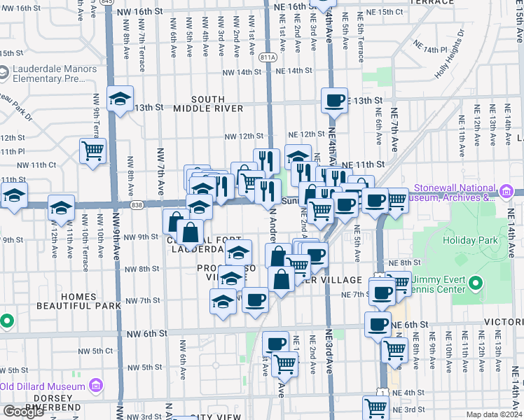 map of restaurants, bars, coffee shops, grocery stores, and more near 940 Northwest 1st Avenue in Fort Lauderdale