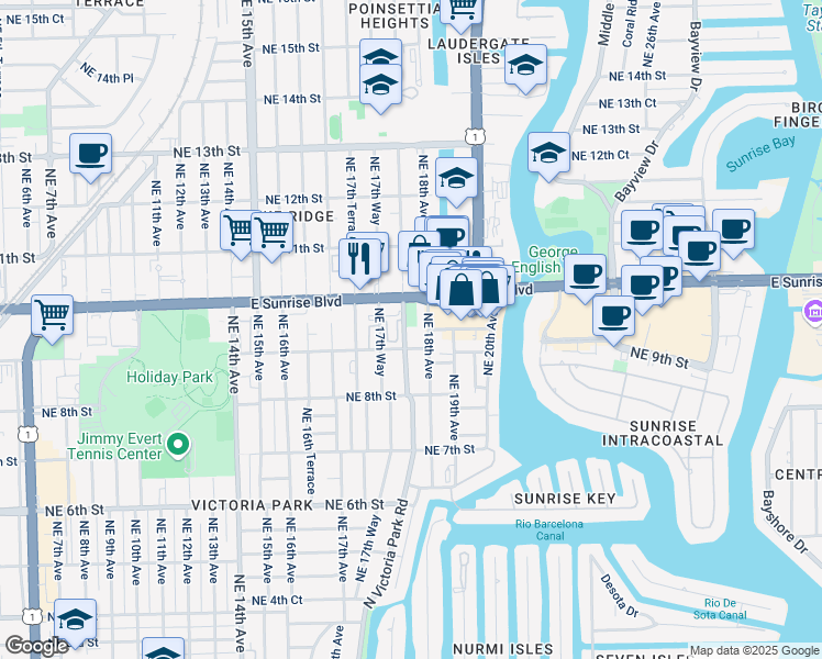 map of restaurants, bars, coffee shops, grocery stores, and more near 211 Northeast 9th Street in Fort Lauderdale