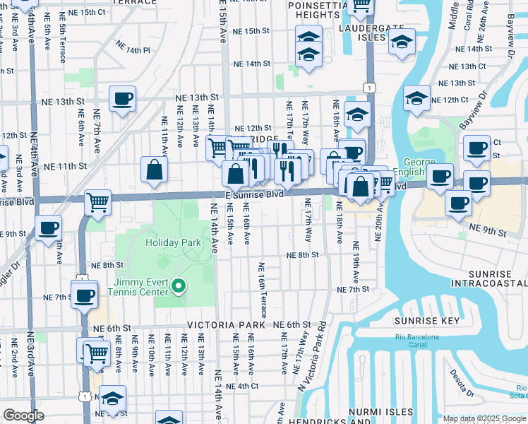map of restaurants, bars, coffee shops, grocery stores, and more near 915 Northeast 16th Terrace in Fort Lauderdale