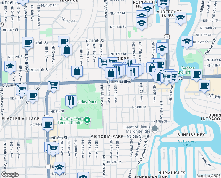 map of restaurants, bars, coffee shops, grocery stores, and more near 912-918 Northeast 15th Avenue in Fort Lauderdale