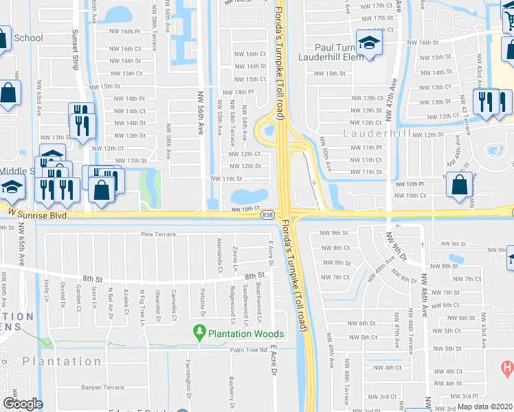 map of restaurants, bars, coffee shops, grocery stores, and more near 5435 Northwest 10th Court in Plantation
