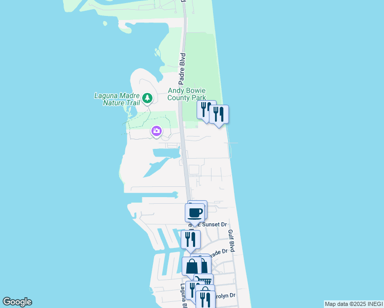 map of restaurants, bars, coffee shops, grocery stores, and more near 6608 Padre Boulevard in South Padre Island