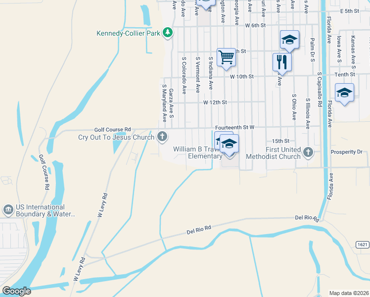 map of restaurants, bars, coffee shops, grocery stores, and more near 1505 South Colorado Avenue in Mercedes