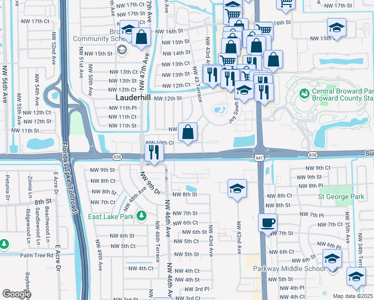 map of restaurants, bars, coffee shops, grocery stores, and more near 4441 West Sunrise Boulevard in Plantation
