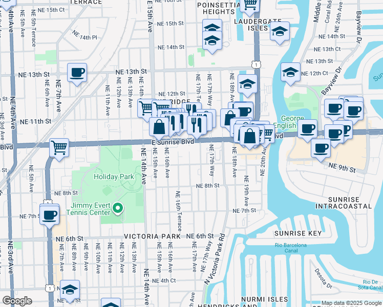 map of restaurants, bars, coffee shops, grocery stores, and more near 908 Northeast 17th Avenue in Fort Lauderdale
