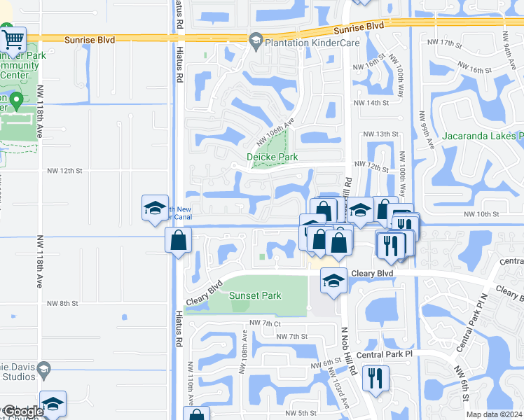 map of restaurants, bars, coffee shops, grocery stores, and more near 1004 Northwest 105th Way in Plantation