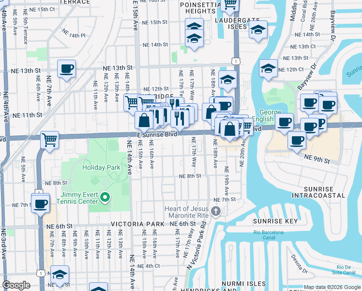 map of restaurants, bars, coffee shops, grocery stores, and more near 908 Northeast 17th Avenue in Fort Lauderdale
