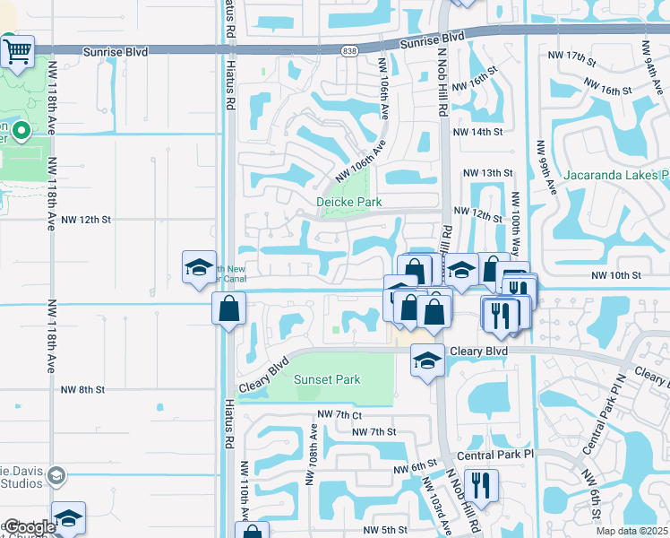 map of restaurants, bars, coffee shops, grocery stores, and more near 10548 Northwest 10th Street in Plantation