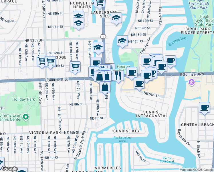 map of restaurants, bars, coffee shops, grocery stores, and more near 856 Northeast 20th Avenue in Fort Lauderdale