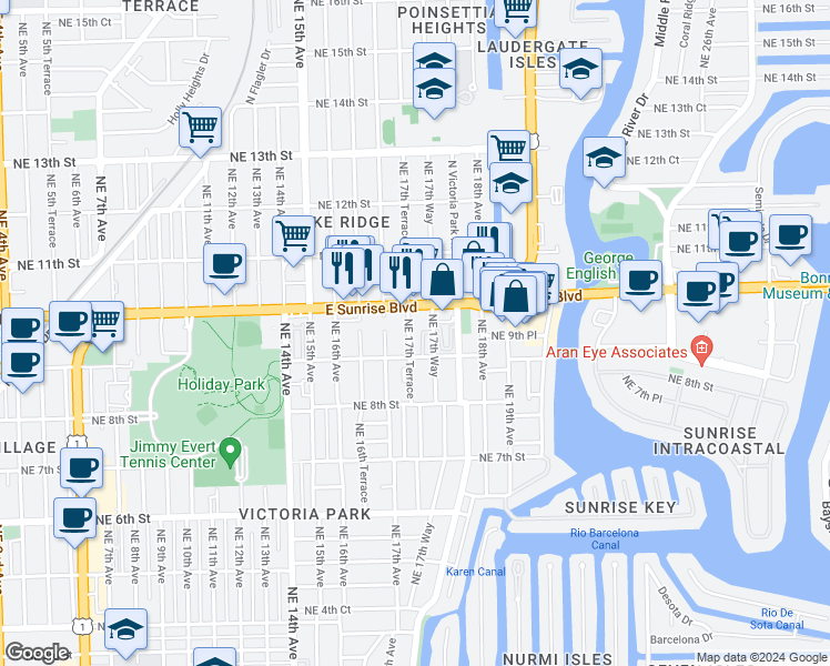 map of restaurants, bars, coffee shops, grocery stores, and more near 911 Northeast 17th Way in Fort Lauderdale