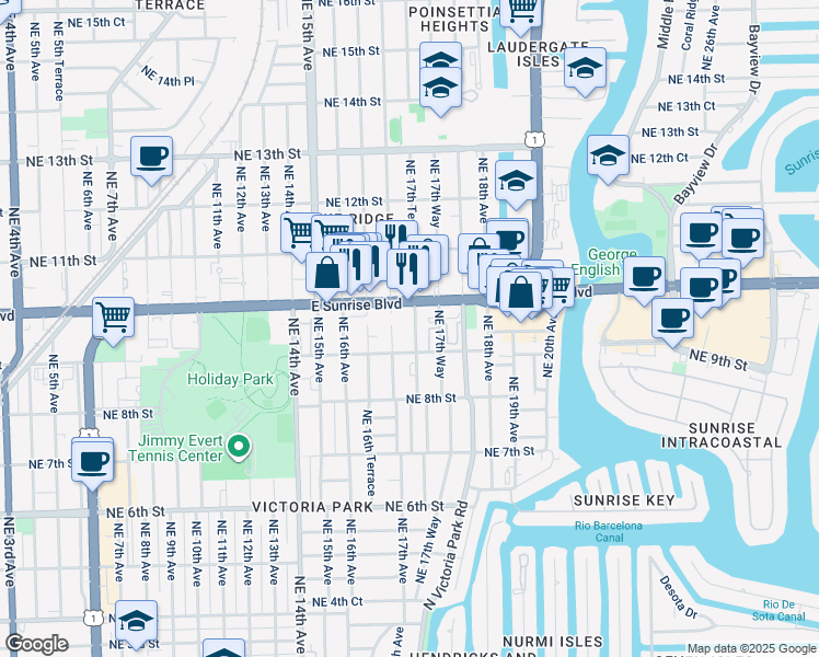 map of restaurants, bars, coffee shops, grocery stores, and more near 908 Northeast 17th Avenue in Fort Lauderdale