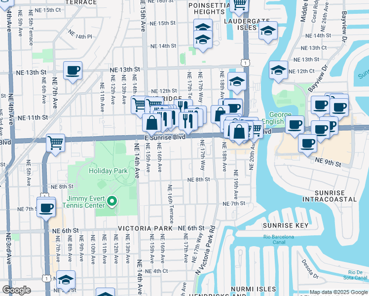 map of restaurants, bars, coffee shops, grocery stores, and more near 908 Northeast 17th Avenue in Fort Lauderdale