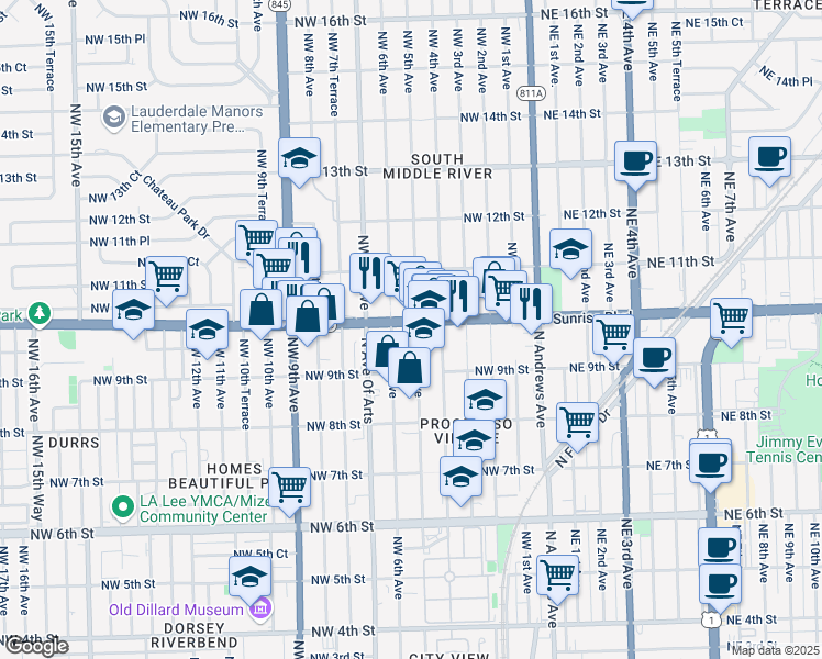 map of restaurants, bars, coffee shops, grocery stores, and more near 940 Northwest 1st Avenue in Fort Lauderdale