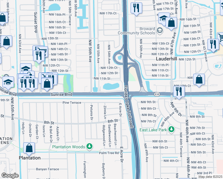 map of restaurants, bars, coffee shops, grocery stores, and more near 5435 Northwest 10th Court in Plantation