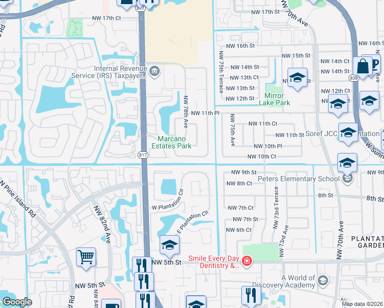 map of restaurants, bars, coffee shops, grocery stores, and more near 7760 Northwest 10th Street in Plantation